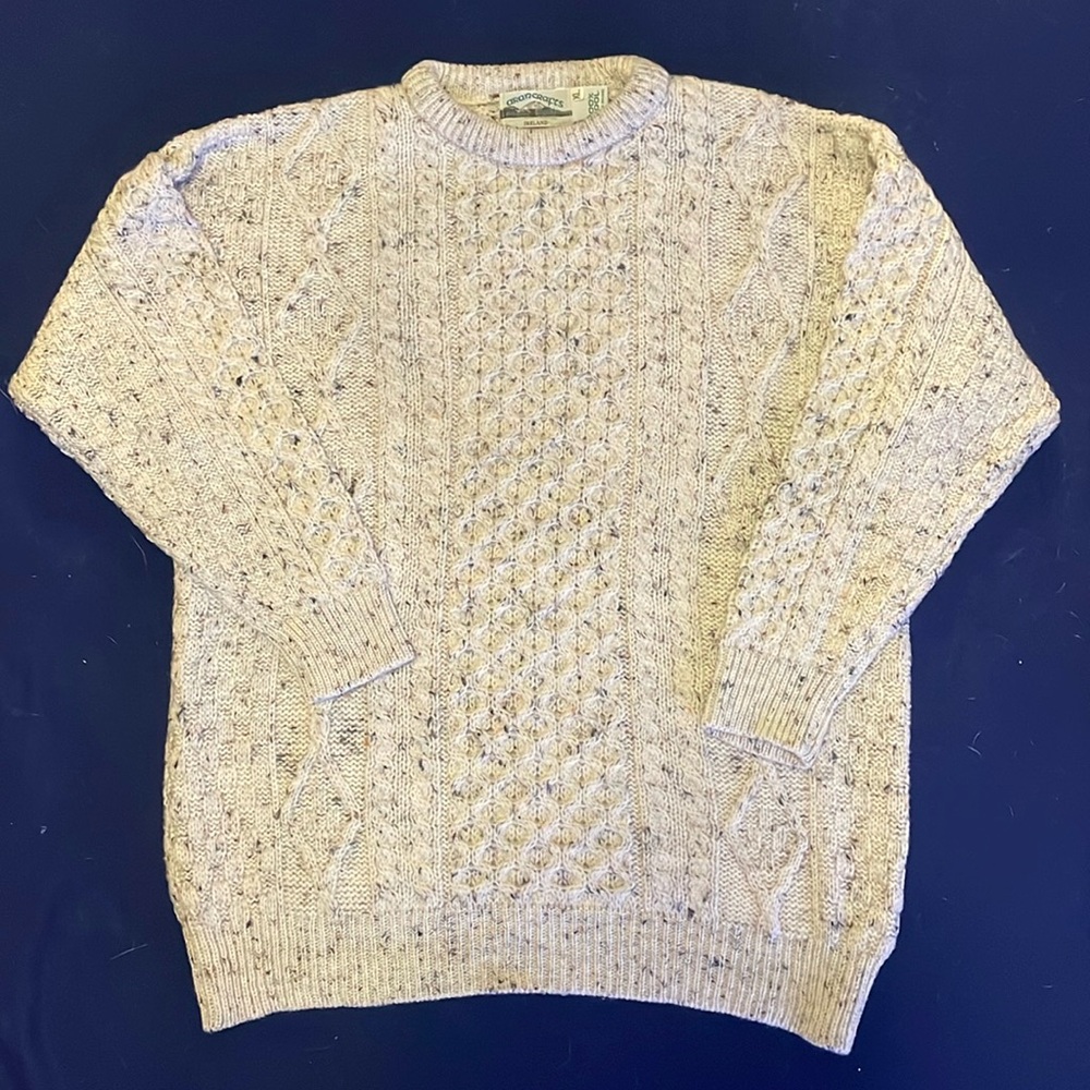 Arancrafts Ireland 100% Wool Vintage Cream Speck Fisherman Cable Knit Sweater XL - Picture 2 of 7